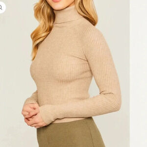 Mary Turtleneck Ribbed Top Soft Stretchy Material Oatmeal Long Sleeve Fitted